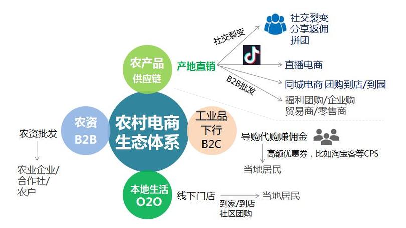 农村电商生态系统,农产品销售+本地生活o2o+农资b2b+工业品下行